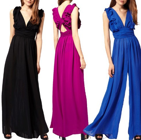 wk019 free shipping ruffles sleeve sexy jumpsuits&rompers,pink black blue sexy chiffon jumpsuits