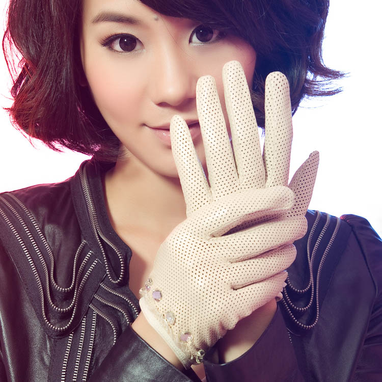 Woma warmen 's top lace women's punch suede genuine leather gloves l006n-2