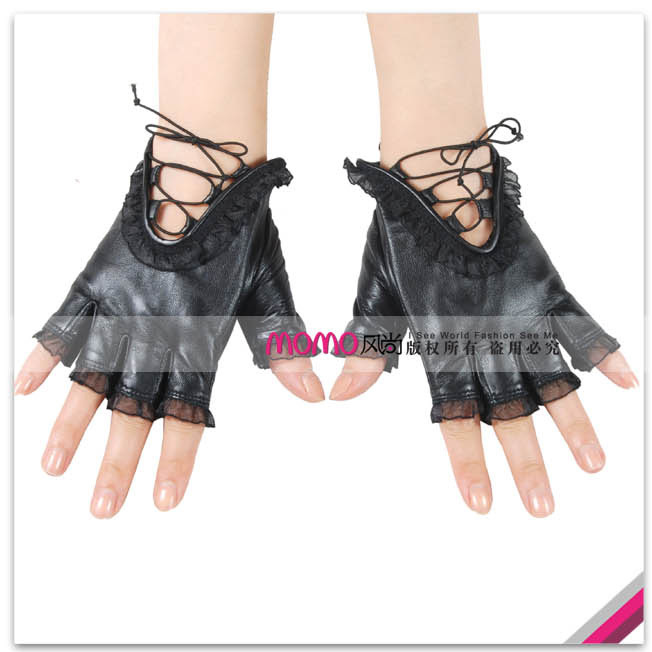 Woma warmen 's top suede semi-finger lace women's genuine leather gloves l005n