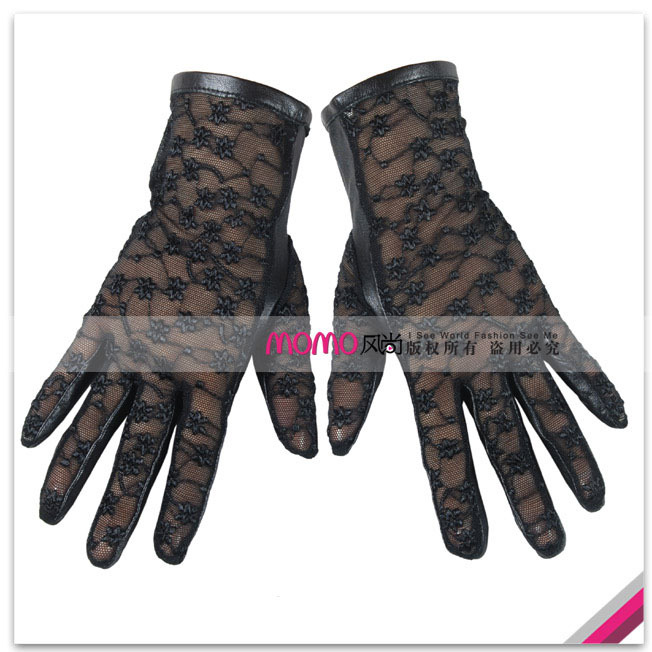 Woma warmen suede lace cutout flower women's genuine leather gloves l023n
