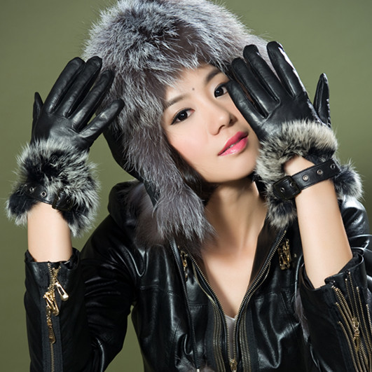 Woma warmen wool gloves quality sheepskin rabbit fur two-color strap buckle women's genuine leather gloves l057pn