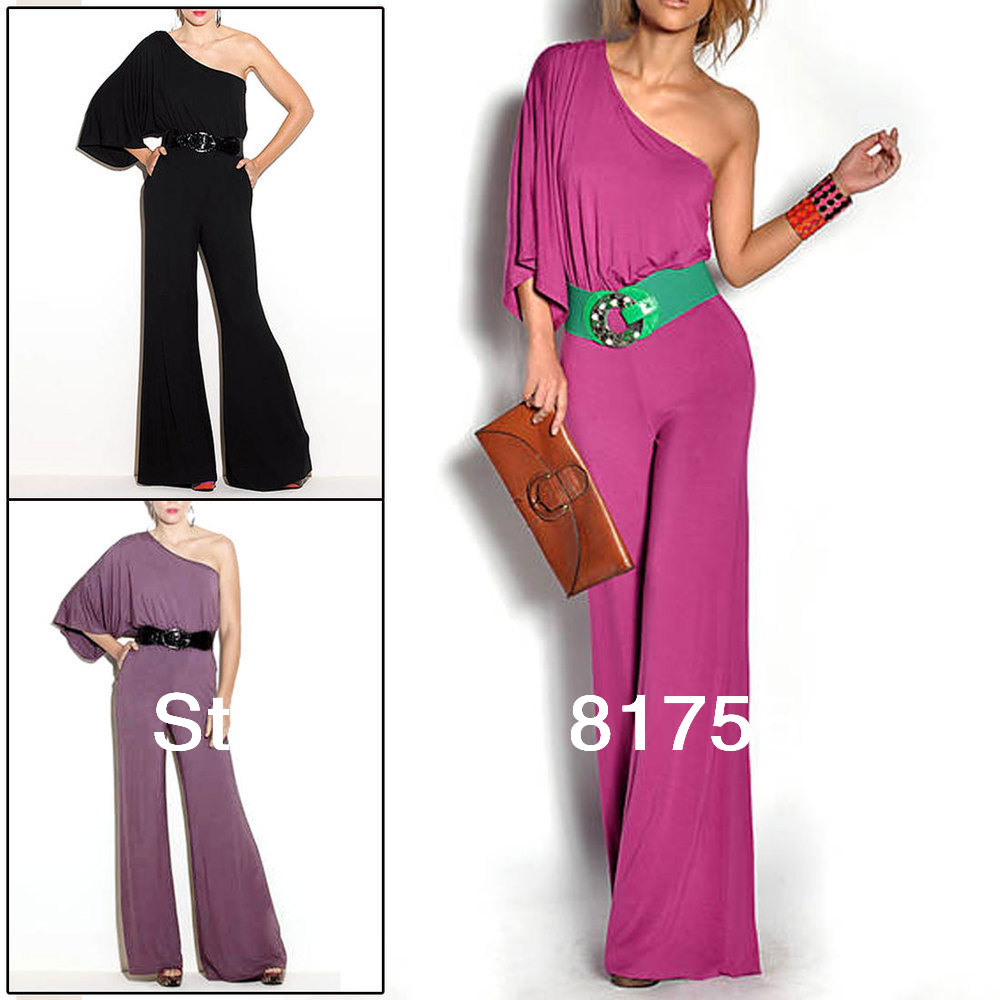 Woman Asymmetric Sleeve Single Shoulder Stretchy Jumpsuit Romper