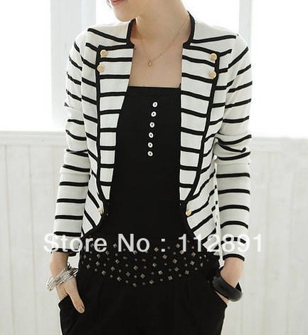 Woman Autumn coat navy style casual stripe turn-down collar blazer jacket  M0044