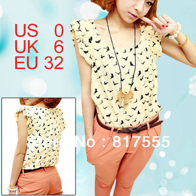 Woman Black Birds Pattern Layer Cap Sleeve Beige Chiffon Blouse Tops
