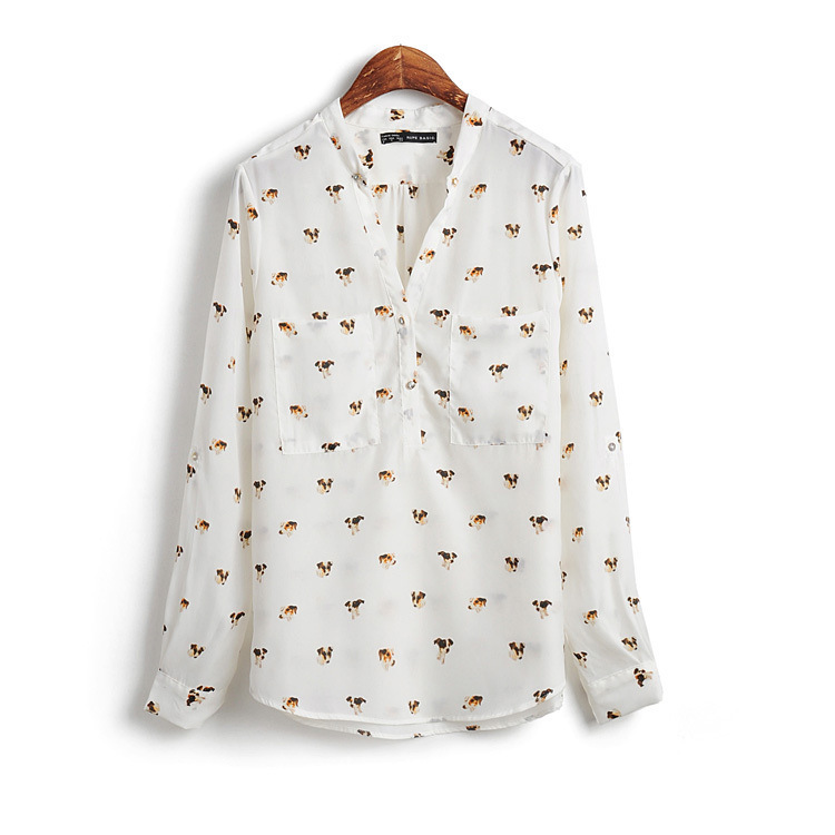 Woman Dog Head Printed Chiffon Shirts,fashion blouse