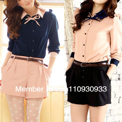 Woman Long Sleeve Self Tie Bow Single Breasted Shirt Tops