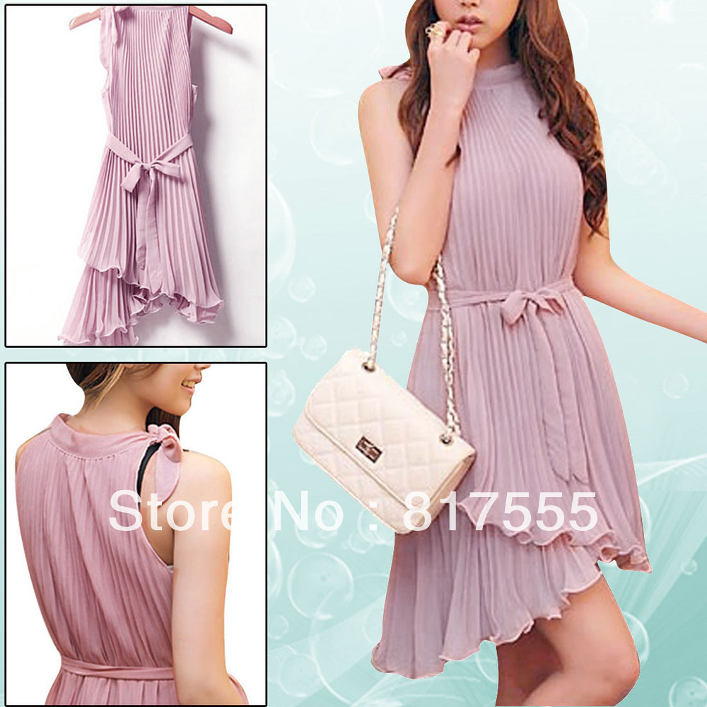 Woman NEW Stylish 2013 Solid Color Stand Collar Accordion Pleats Sleeveless Dress Light Purple