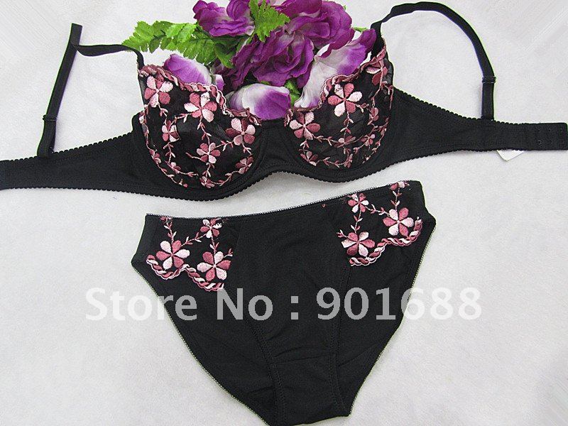 woman push up sexy  no padded embroidery  flower transparent  bra set