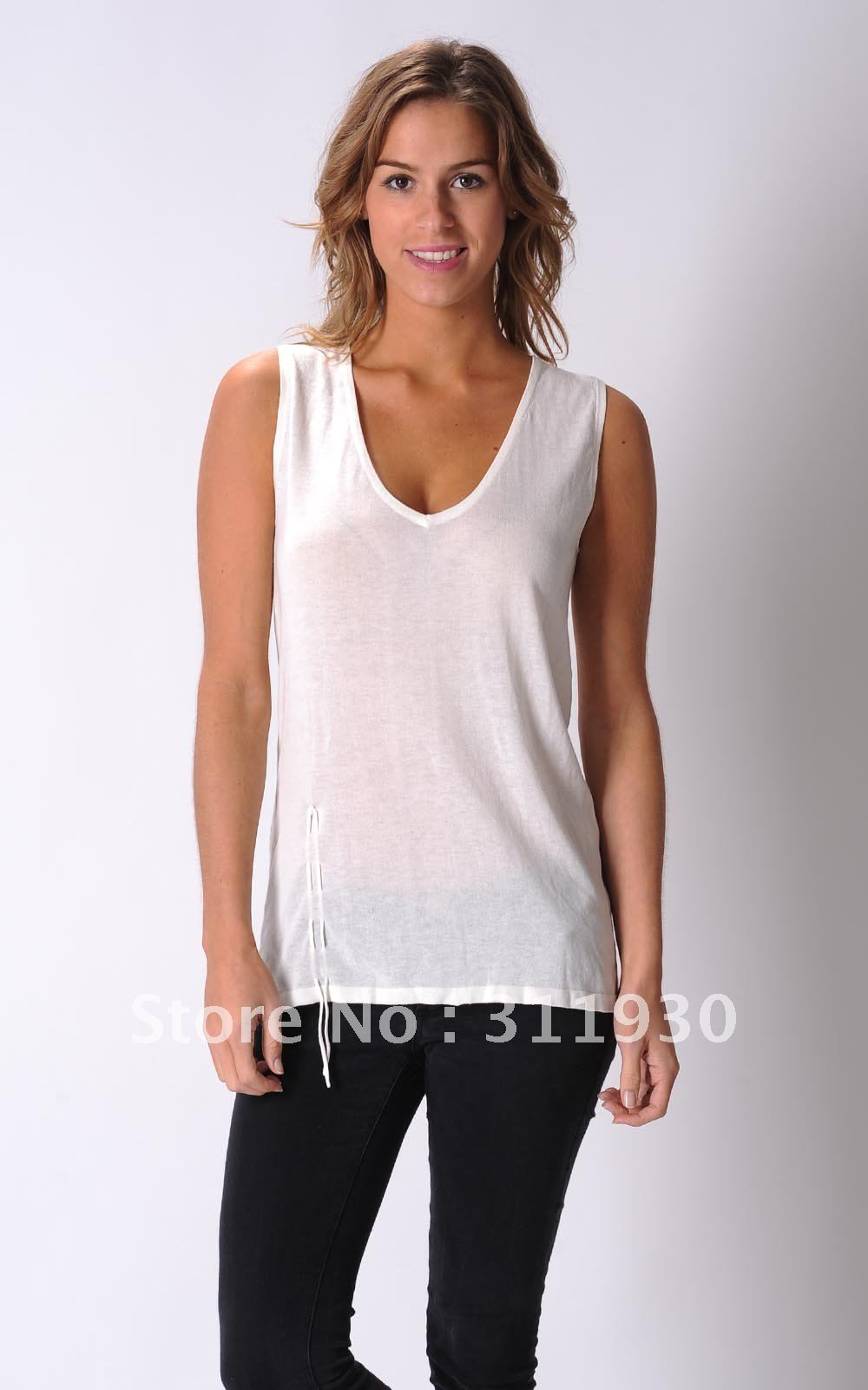 Woman's wear: KC55 extra fine cotton sleeveless tank, V neck, draw string front detail. Cream, black. Direct from Australia!