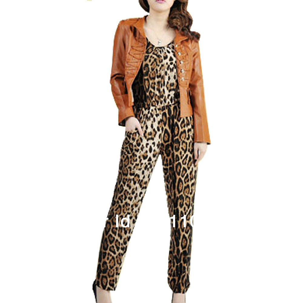 Woman Scoop Neck Leopard Pattern Full Romper Jumpsuit Brown Black