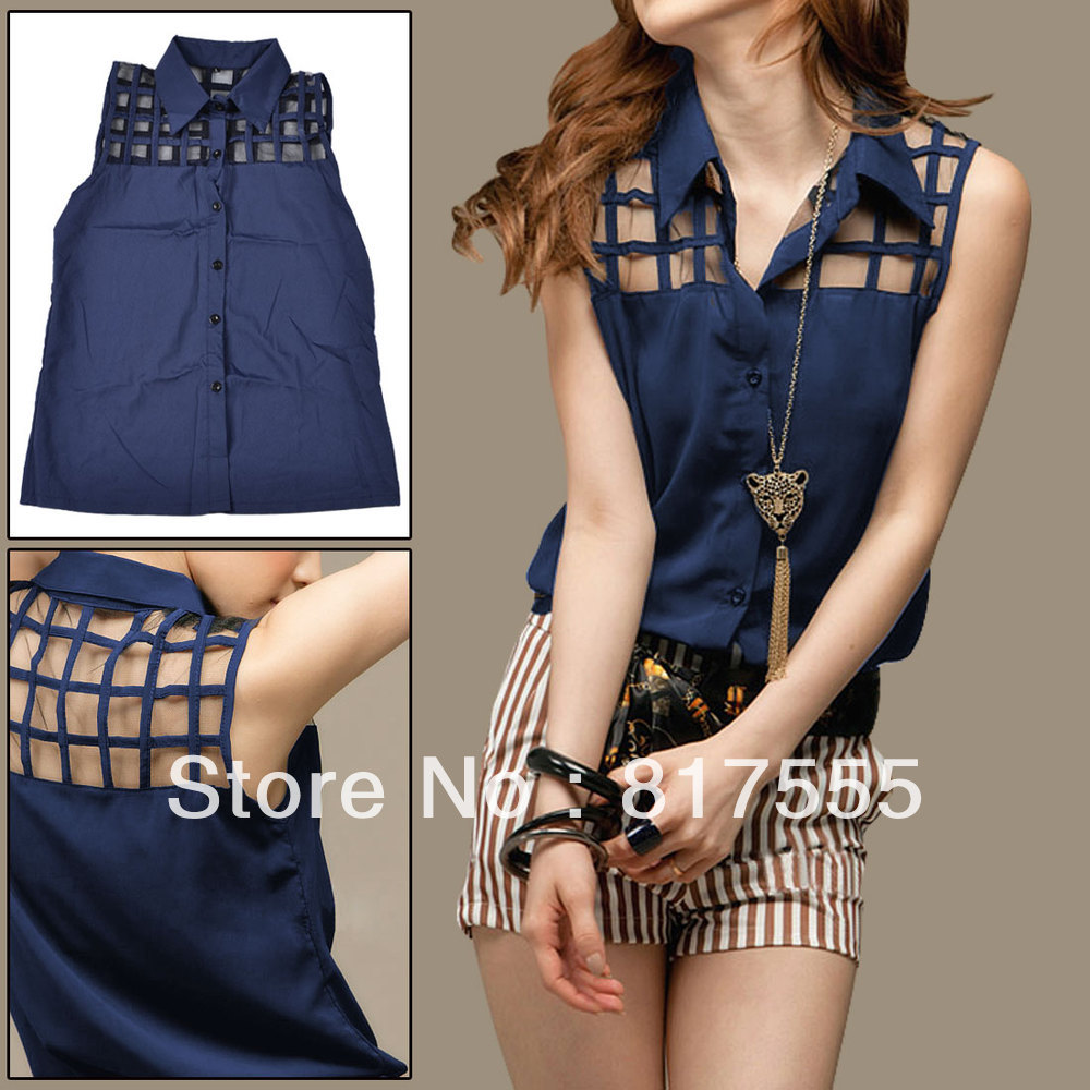 Woman Semi Sheer Plaid Upper Dark Blue Button Down Tank Shirt XS