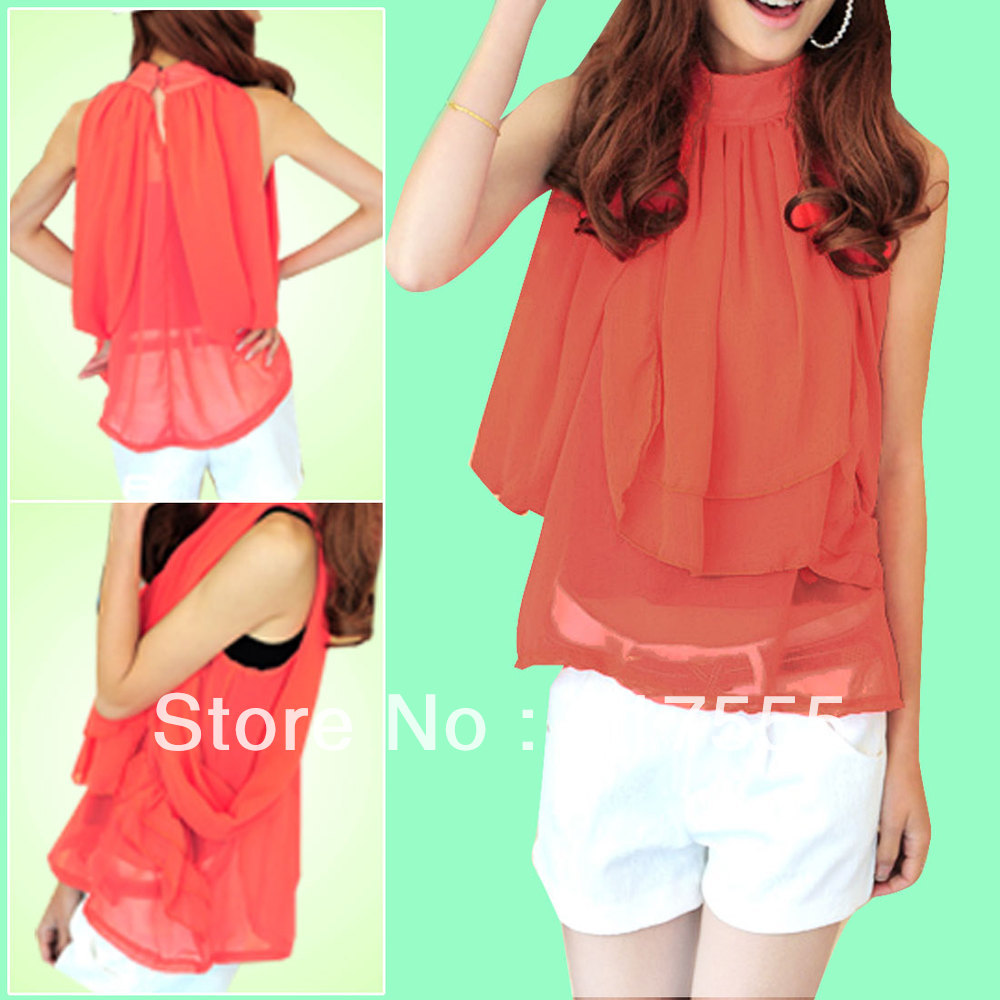 Woman Semi Sheer Sleeveless Stand Collar Blouse Tops Watermelon Red M