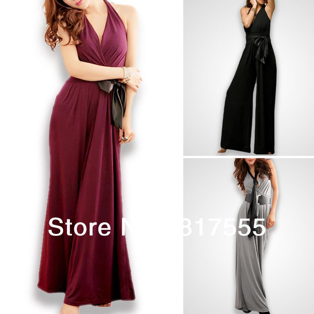 Woman Stylish Solid Color Deep V Neck Backless Halter Jumpsuit