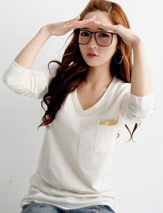Woman white design elegant shirt cotton material made with v neck and long sleeve sequined on pocket