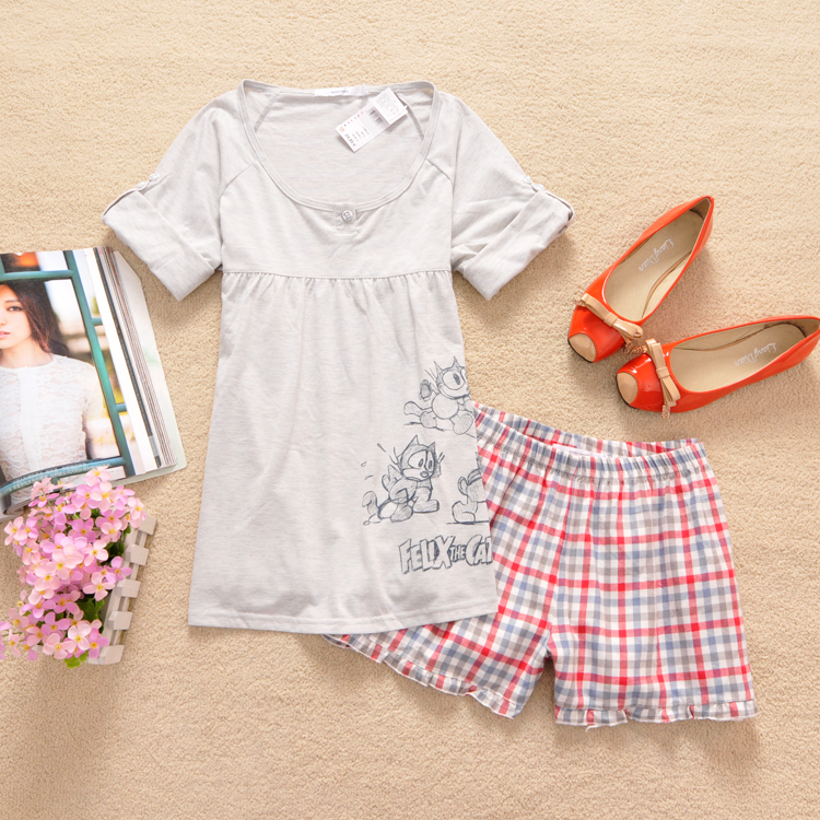 Women 100% cotton short-sleeve plaid shorts lounge sleepwear 2 0.2 piece set (WC064)
