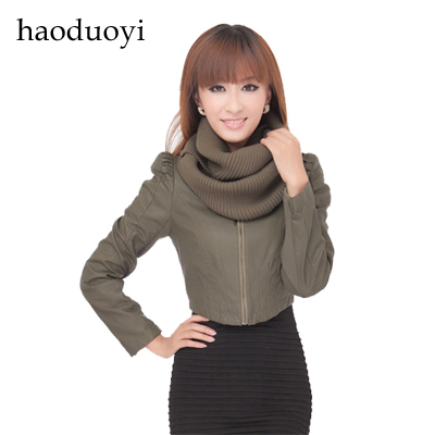 Women 2012 new arrival leather knitted patchwork short design long-sleeve leather clothing muffler scarf 311317012