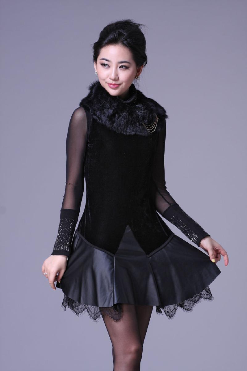 Women 2013 autumn and winter plus size women fashion rabbit fur leather vest skirt fashion one-piece dress