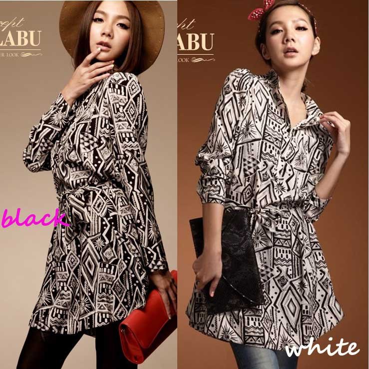 Women 2013 fashion long sleeve blouses spring autumn casual shirt with sash Geometric print pattern SY0026 Black Apricot
