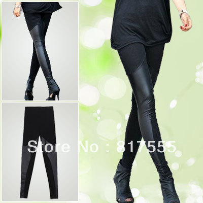 Women 2013 NEW Fashion Elastic Waist Faux Leather Decor Skinny Legging Pants Black