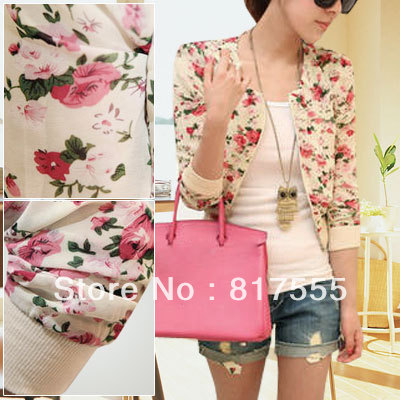 Women 2013 NEW Stylish Long Sleeve Zip up Flower Pattern Off White Shrug Bolero XS