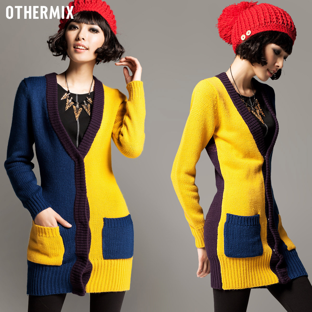 Women Autumn Winter  fashion patchwork sweater loose knitted wool coat outerwear long design cardigan
