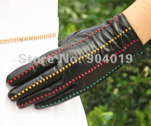 Women Black Deluxe Fashion Genuine Lamb Leather Wrist Gloves 4 Colorful Lines