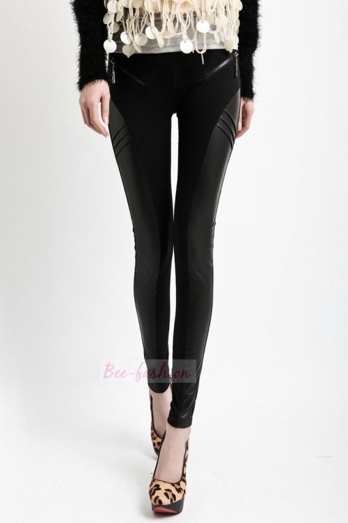 Women black leather cotton patchwork Leggings Tights Legwear pants/Free shipping/wholesale retail legging/LG473