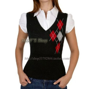 Women black rhombus cashmere V-neck vest sistance , brief elegant YYYR