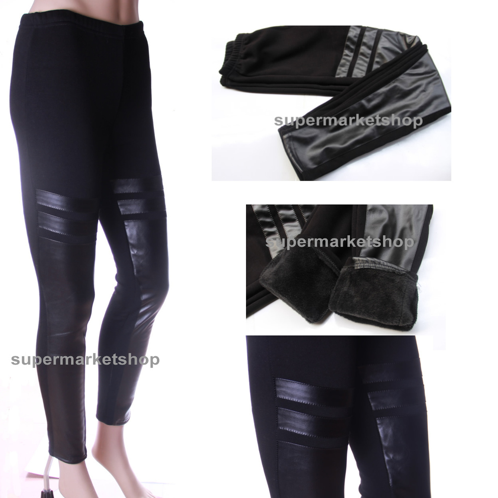 Women Black Stretch Thick Faux Leather Bar Splicing Warm Velvet Pencil Leggings Winter Tight pants shipping With Tracking Number