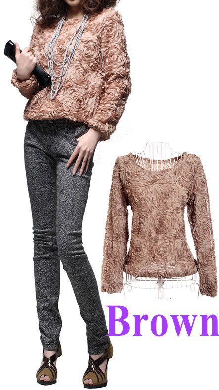 Women Blouse 3D Rose Flowers Mesh Lace Jumper Pullover Shirt Ladies Tops Brown ,Free Shipping  Dropshipping