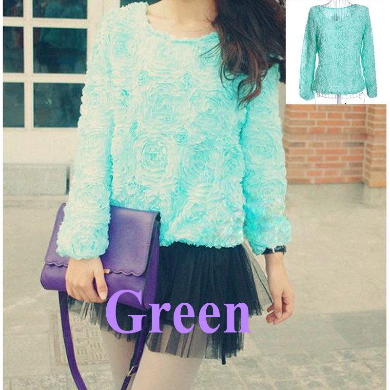 Women Blouse 3D Rose Flowers Mesh Lace Jumper Pullover Shirt Ladies Tops Light Green ,Free Shipping  Dropshipping