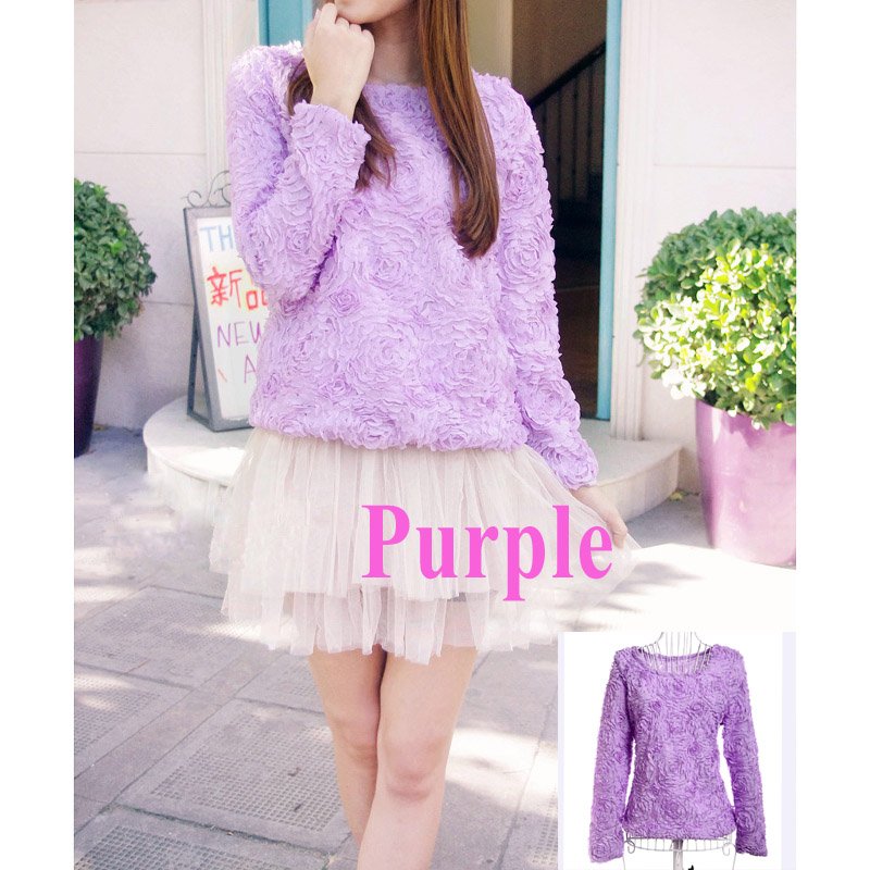 Women Blouse 3D Rose Flowers Mesh Lace Jumper Pullover Shirt Ladies Tops Purple ,Free Shipping  Dropshipping