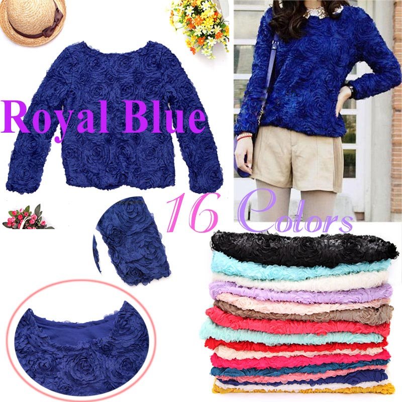 Women Blouse 3D Rose Flowers Mesh Lace Jumper Pullover Shirt Ladies Tops Royal Blue ,Free Shipping  Dropshipping