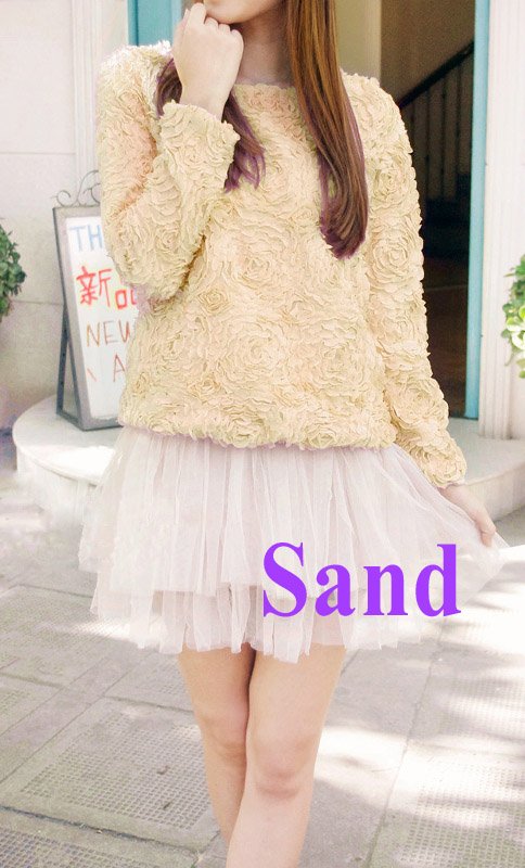 Women Blouse 3D Rose Flowers Mesh Lace Jumper Pullover Shirt Ladies Tops Sand ,Free Shipping  Dropshipping