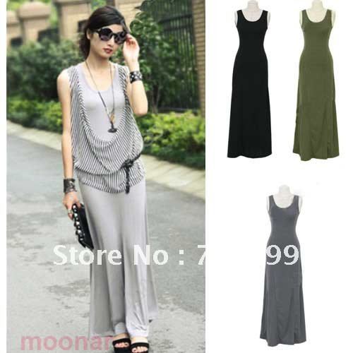 Women Boho Round Neck Long Maxi Slim Vest Plain Casual Dress Street Summer Wear E0716