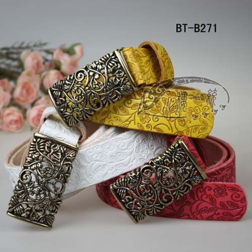 Women Brass Toned Buckle Tooled cow Leather Belt/genuine leather belt BT-B271-1