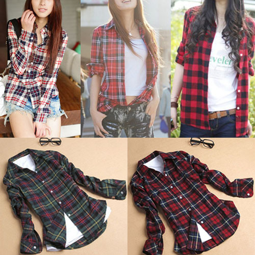 Women Button Down Casual Lapel Shirt Plaids Checks Flannel Shirt Top Blouse 3820