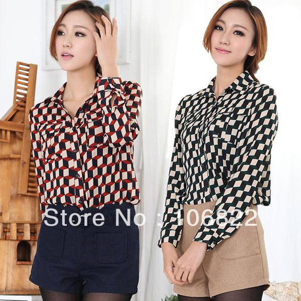 Women Career Plaid Chiffon Mixed Colors Button Down OL Shirt Plaid Blouse Tops HR491