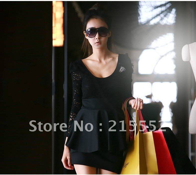 women casual dress Free Shipping &Wholesale Elegnat Lace patchwork ladies print dresses new fashion 2012 black