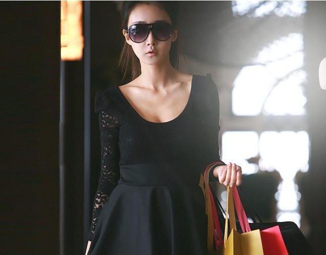 Women casual dress Free Shipping &Wholesale Elegnat Lace patchwork ladies print dresses new fashion 2013 black and red