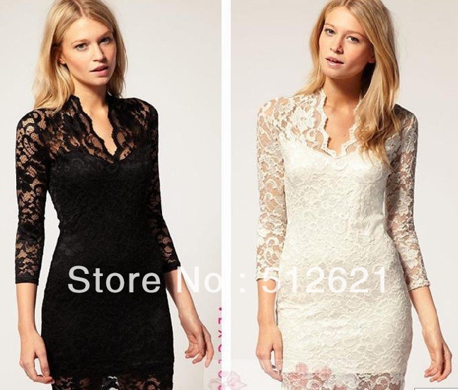 Women Chic sexy slim Lace See-Through Deep V-Neck 3/4 sleevess Short Mini Dress Casual OL Club dress E0325