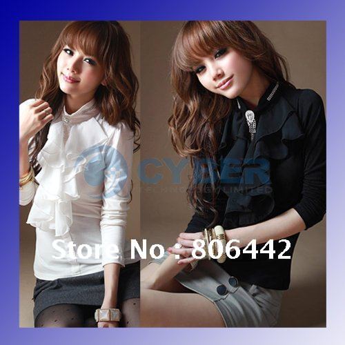 Women Chiffon Frilled High Collar Tops Blouse T-shirts Sweet White Black Rhinestone freeshipping dropshipping 3346