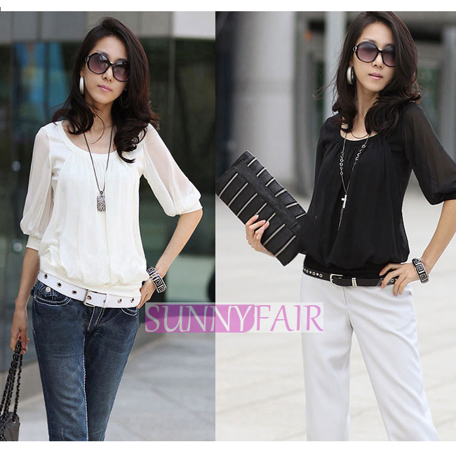 Women Chiffon Solid Mid Sleeve Transparent Iantern Sleeve Ruched Career OL Split Joint Blouse Top