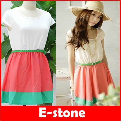 Women Chiffon Summer Crew Neck Casual Stripes Sundress Dress Jumper Skirt + Belt