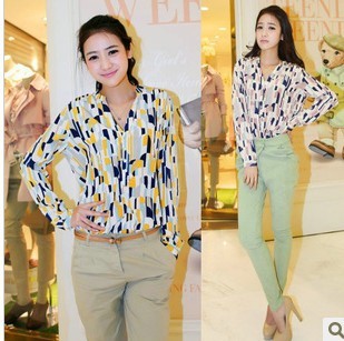 women clothing summer V-neck shirt multicolour square long-sleeve chiffon  shirt  2 colors free shipping