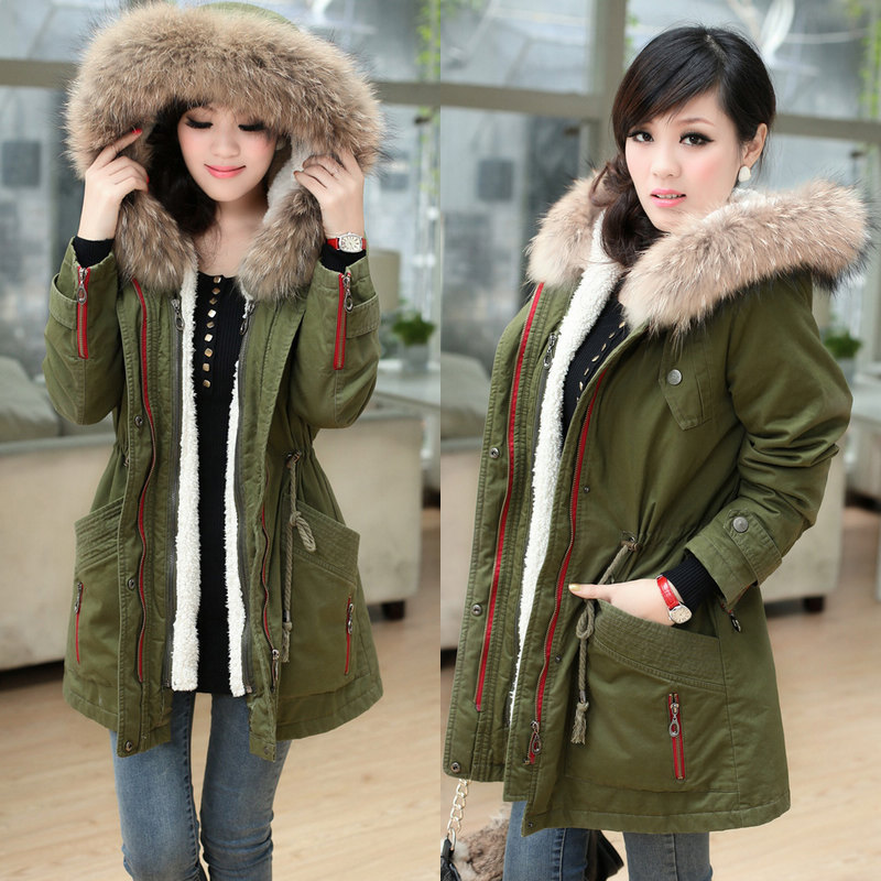 Women coats 2013.Racoon dog collars.Lambs wool lining.Army green.Cotton.Thick.Casual.Women's.Free shipping.1 Piece