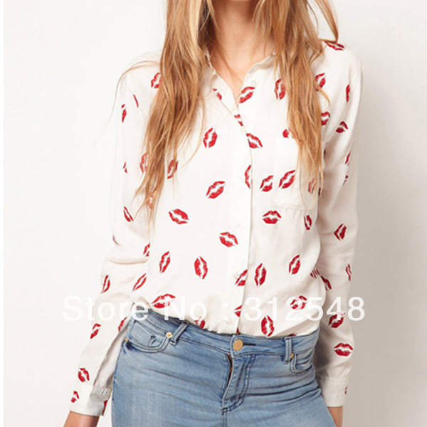 Women Collared Chiffon Long Sleeve Kiss Printed Button Down OL Shirt Blouse New CY0397