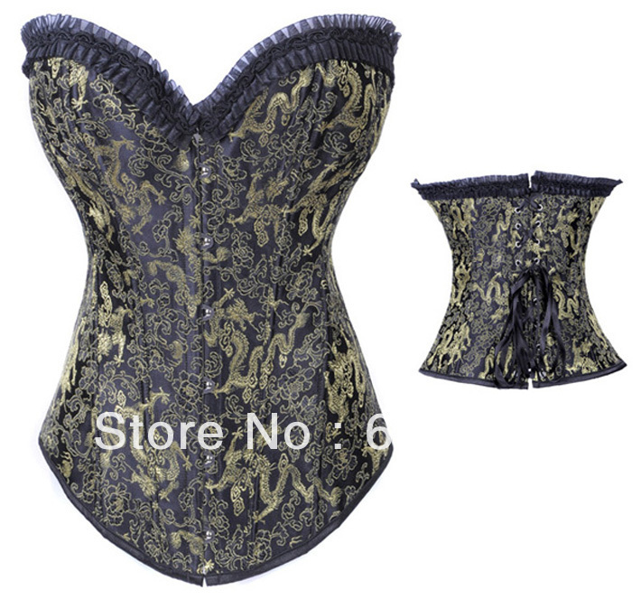 Women Corset Sexy Lingerie (bustier + g-string) satin black 1708 free shipping