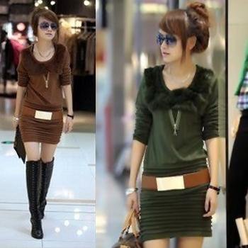 Women Crewneck Faux Fur Zipper Fitted Dress Long Sleeve Pleated Casual Suit A845
