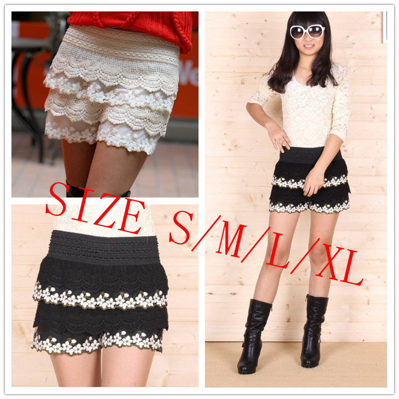 Women Crochet Knitted Tiered Lace Embrodery Flower Layered Mini Shorts Shorts Skort Pantskirt S/M/L/XL